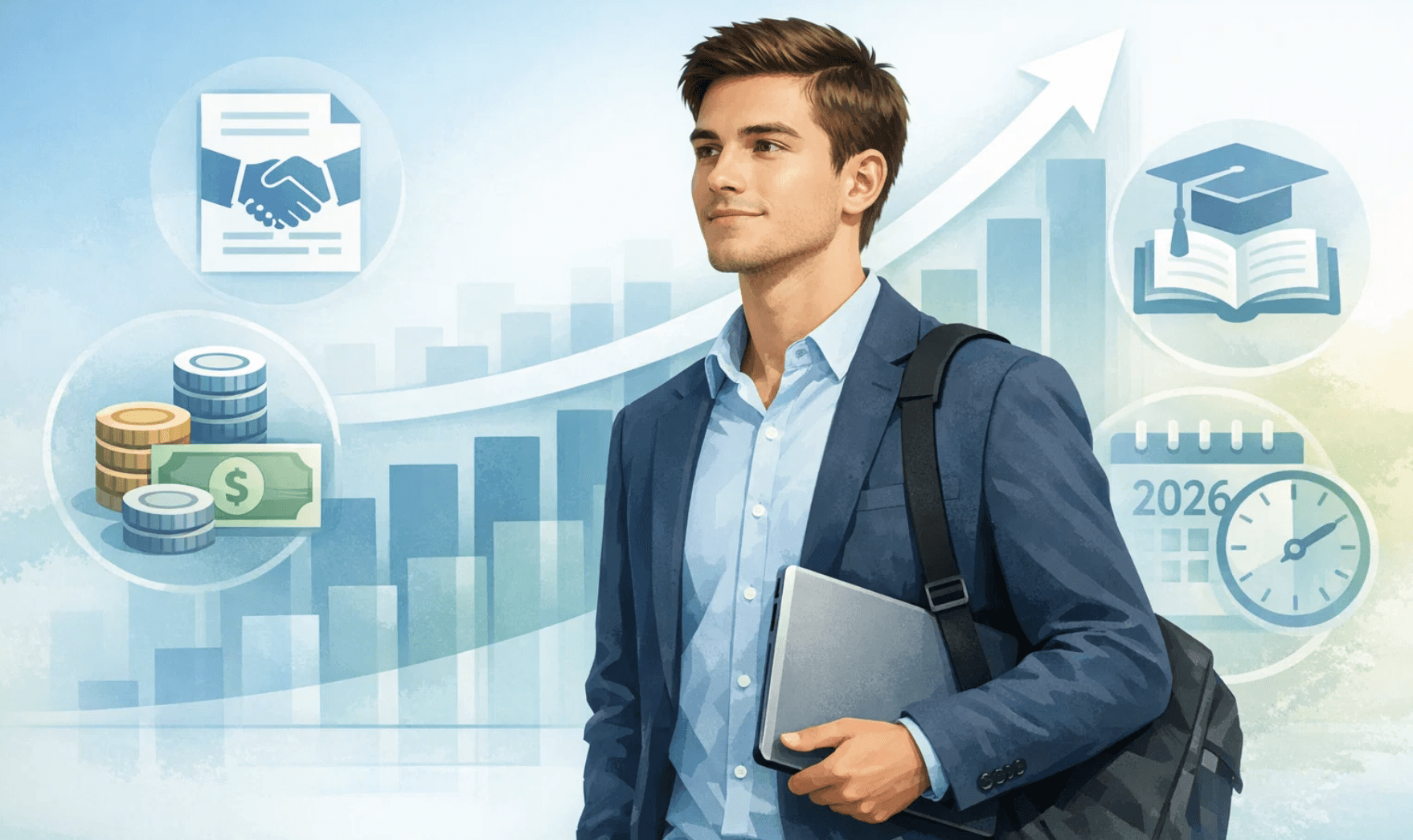 Étudiant alternant en premier plan avec un graphique illustrant l’évolution du salaire en arrière-plan et des icônes représentant l’alternance, le salaire et la formation, pour illustrer le salaire alternant en 2026.