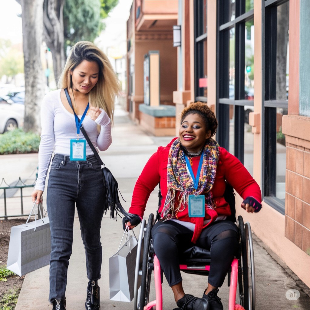A woman in a wheelchair and a stor assistant with shopping bags
