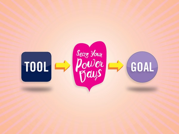 The image shows a pink-to-purple gradient background with radiating lines. On the left is a dark blue square labeled “TOOL,” with a yellow arrow pointing right. To the right is a pink heart-shaped icon containing the white text "Seize Your Power Days," also with a yellow arrow pointing right. To the right is a purple circle labeled “GOAL,” also with a yellow arrow pointing right.