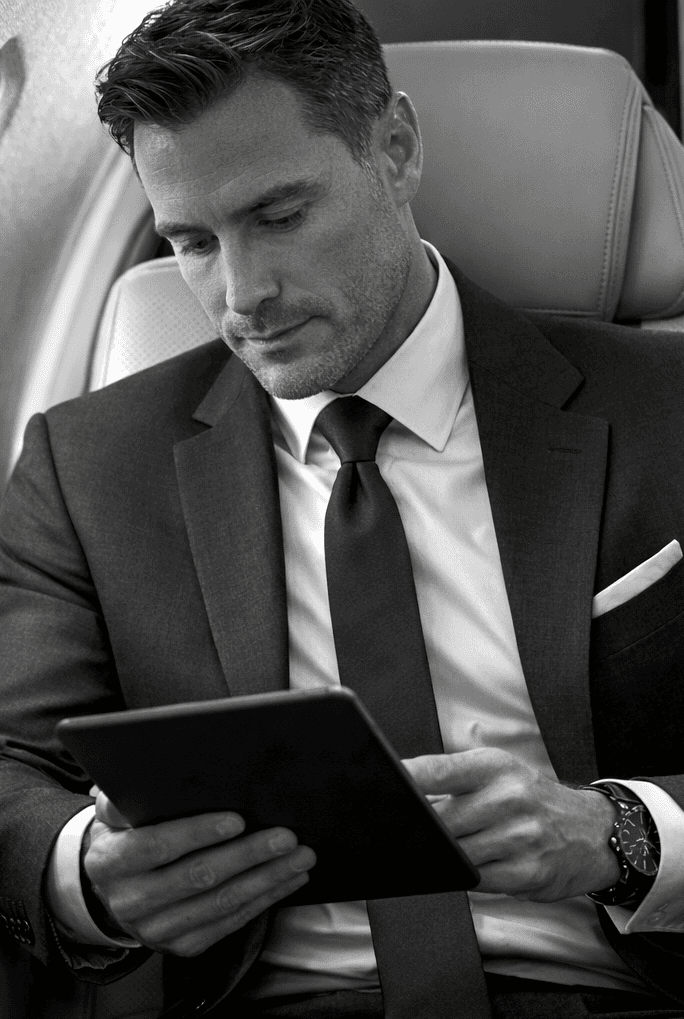 A businessman in a suit reading a tablet while seated in a private jet cabin