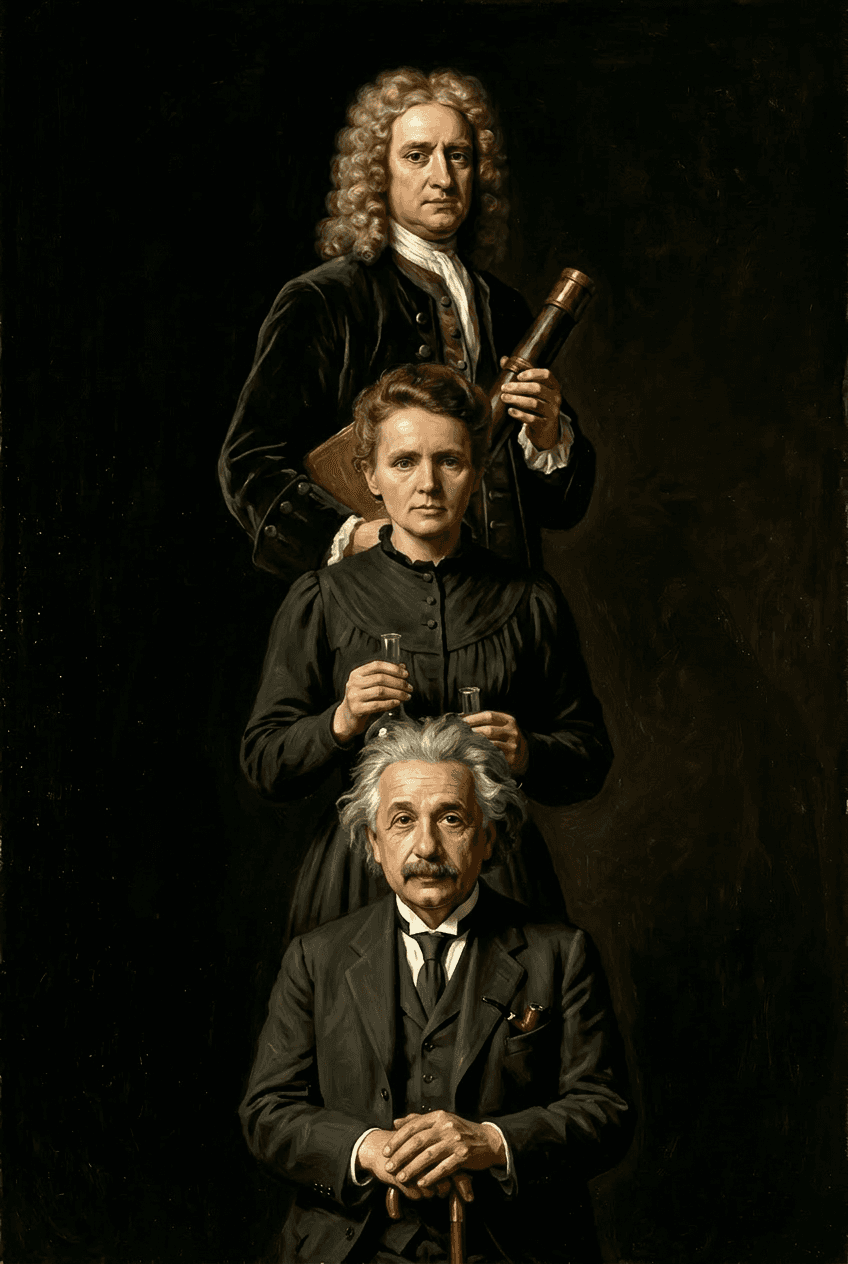 Isaac Newton, Marie Curie, Albert Einstein