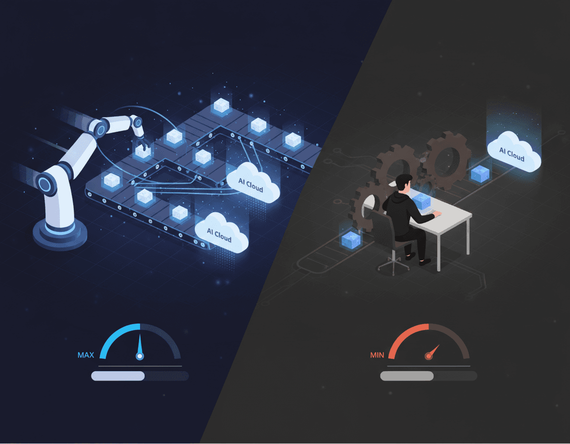 Side-by-side illustration of Relixir automated AI content flow versus Sanity manual developer process