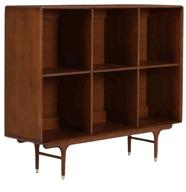Wooden storage cabinet with open shelf compartments and mid-century legs