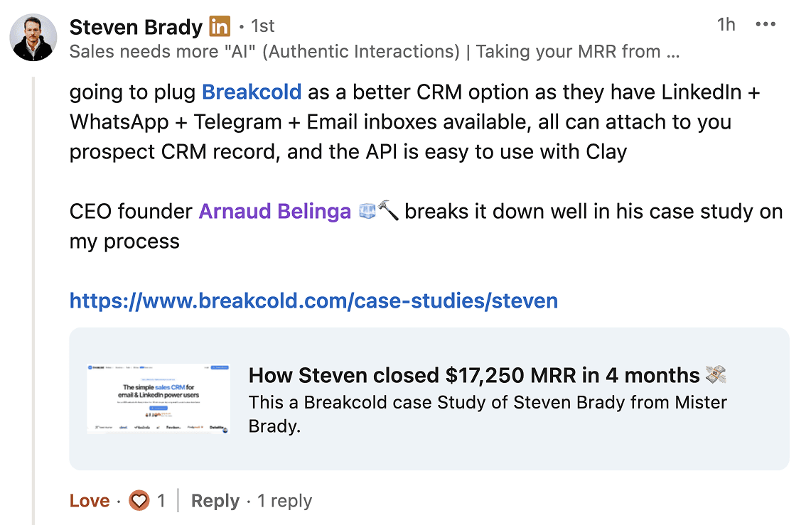 Steven Brady recommending Breakcold: $17,250 MRR in 4 months using LinkedIn, WhatsApp, Telegram and Email inboxes plus Clay API integration