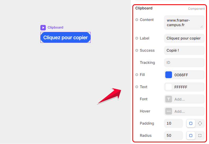 Paramètres du composant Copy Clipboard dans Framer pour copier un texte dans le presse papier
