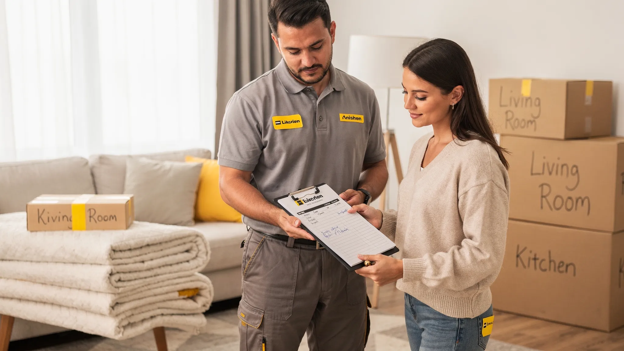 A mover and a customer reviewing a written moving estimate and inventory checklist on a clipboard next to labeled moving boxes and protective moving blankets in a living room.