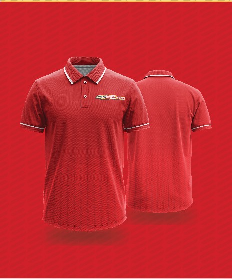Mockup of branded red golf shirt used in corporate identity development project
