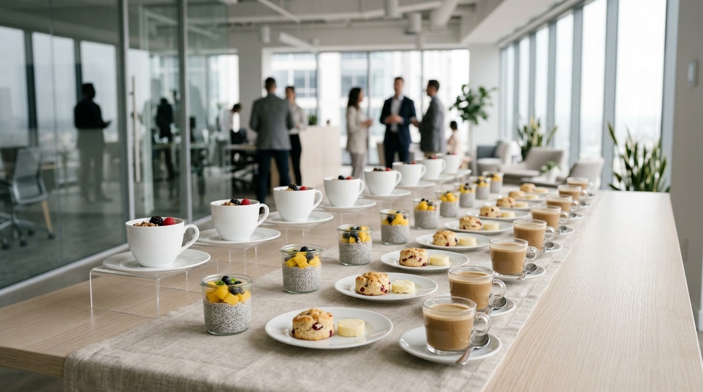 Quantidade de comida por pessoa em evento corporativo dimensionada em estação de catering