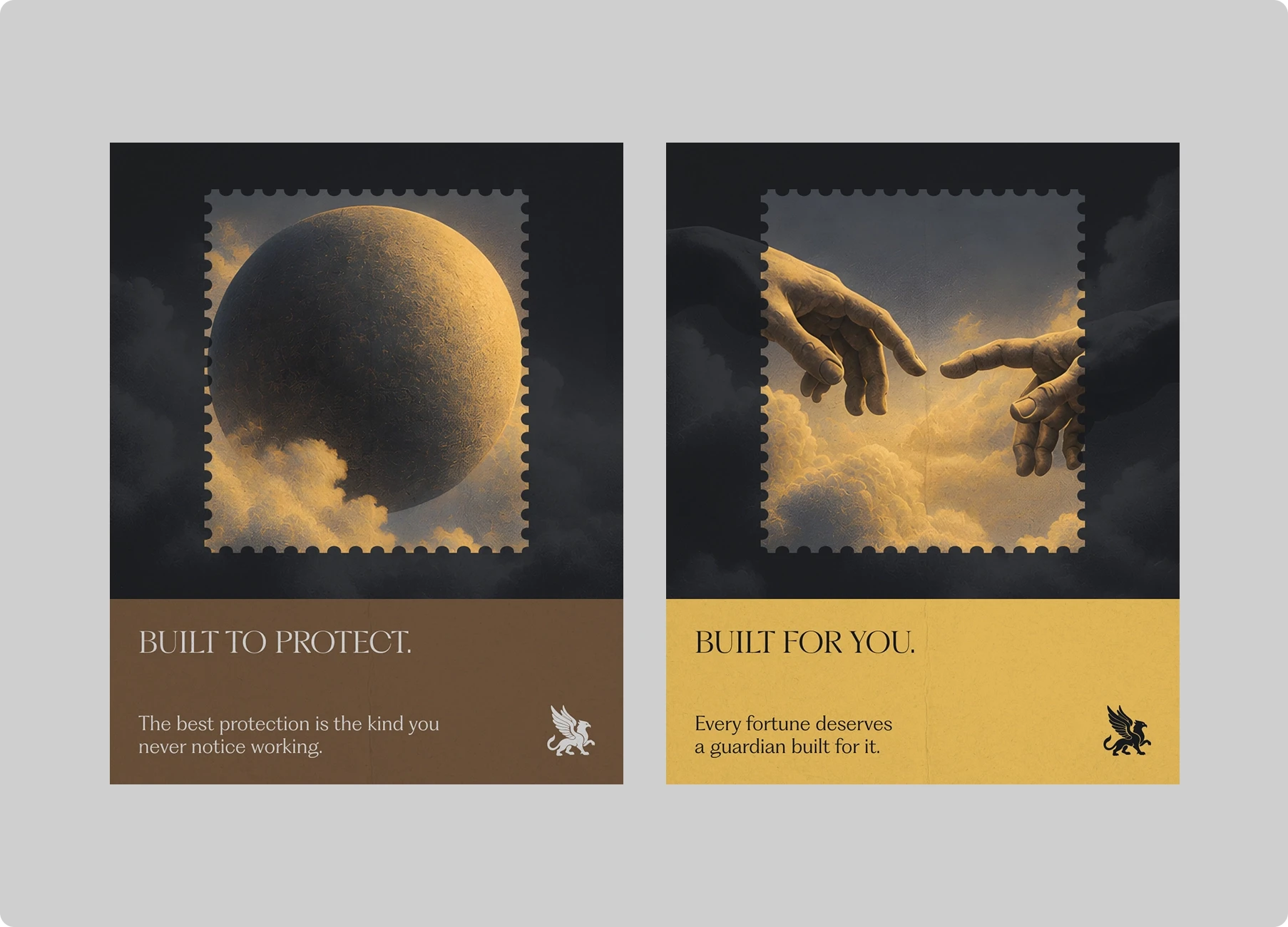 Two vintage stamp-style posters: a dark globe symbolizes protection, while reaching hands suggest connection; warm gold and brown tones feel thoughtful.