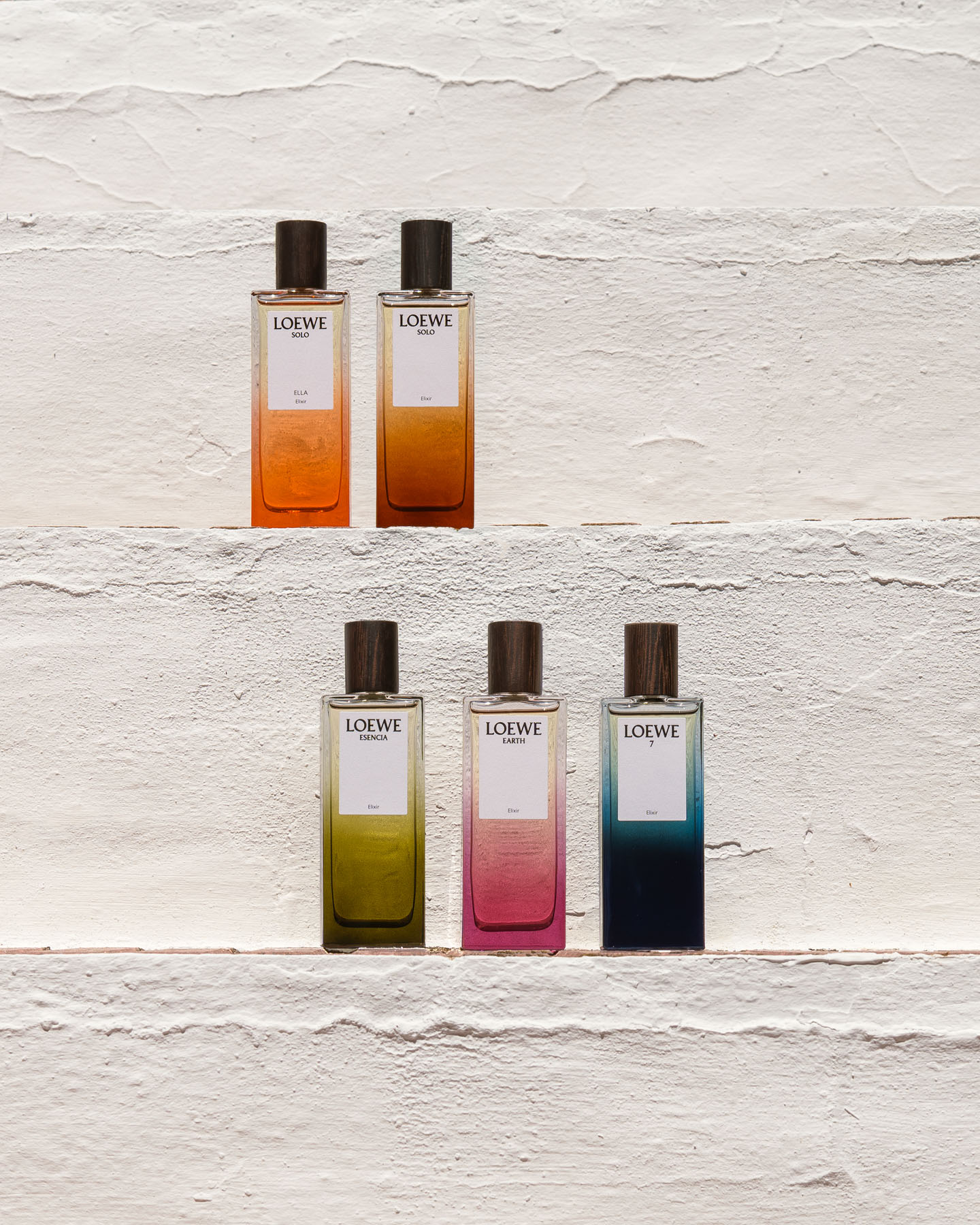 LOEWE Botanical Rainbow fragrances displayed on a rustic whitewashed wall.