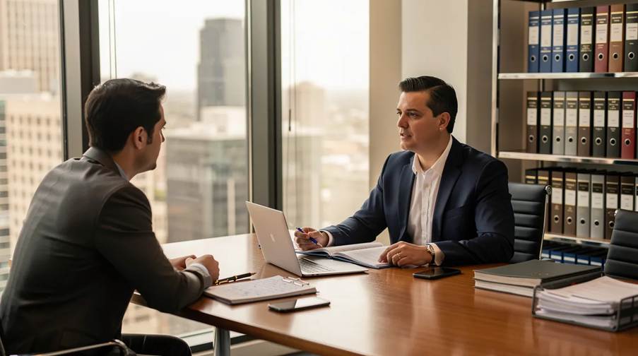 The image depicts a professional office consultation between an attorney and a client, where they discuss important aspects of divorce in California, such as child custody and property division. The attorney is providing legal guidance, highlighting the complexities of the divorce process and the factors that influence divorce rates in the state.