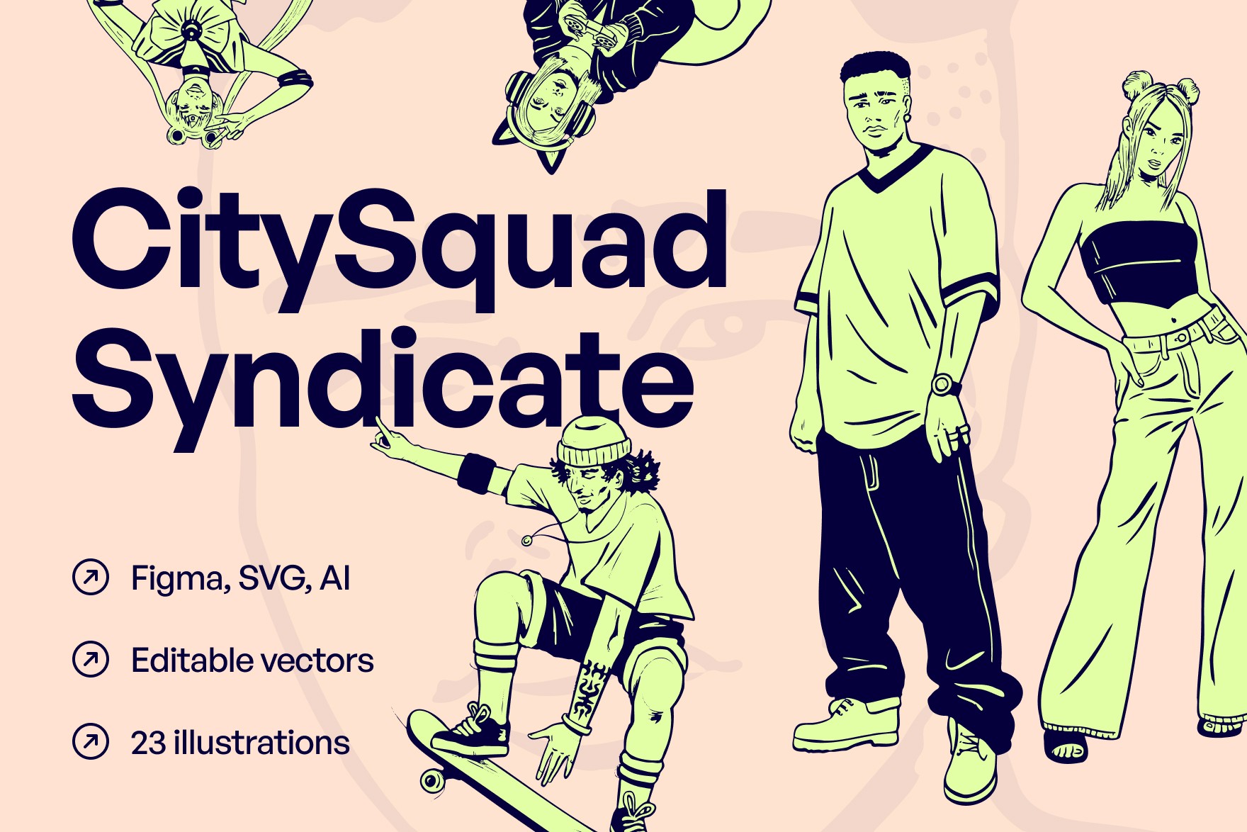 Overview of the CitySquad Syndicate illustration collection, featuring dynamic illustrations portraying modern urban tribes. Varied scenes capturing diverse subcultures and idiosyncrasies. Ideal for projects exploring contemporary urban lifestyles, scalable vector format for seamless integration.