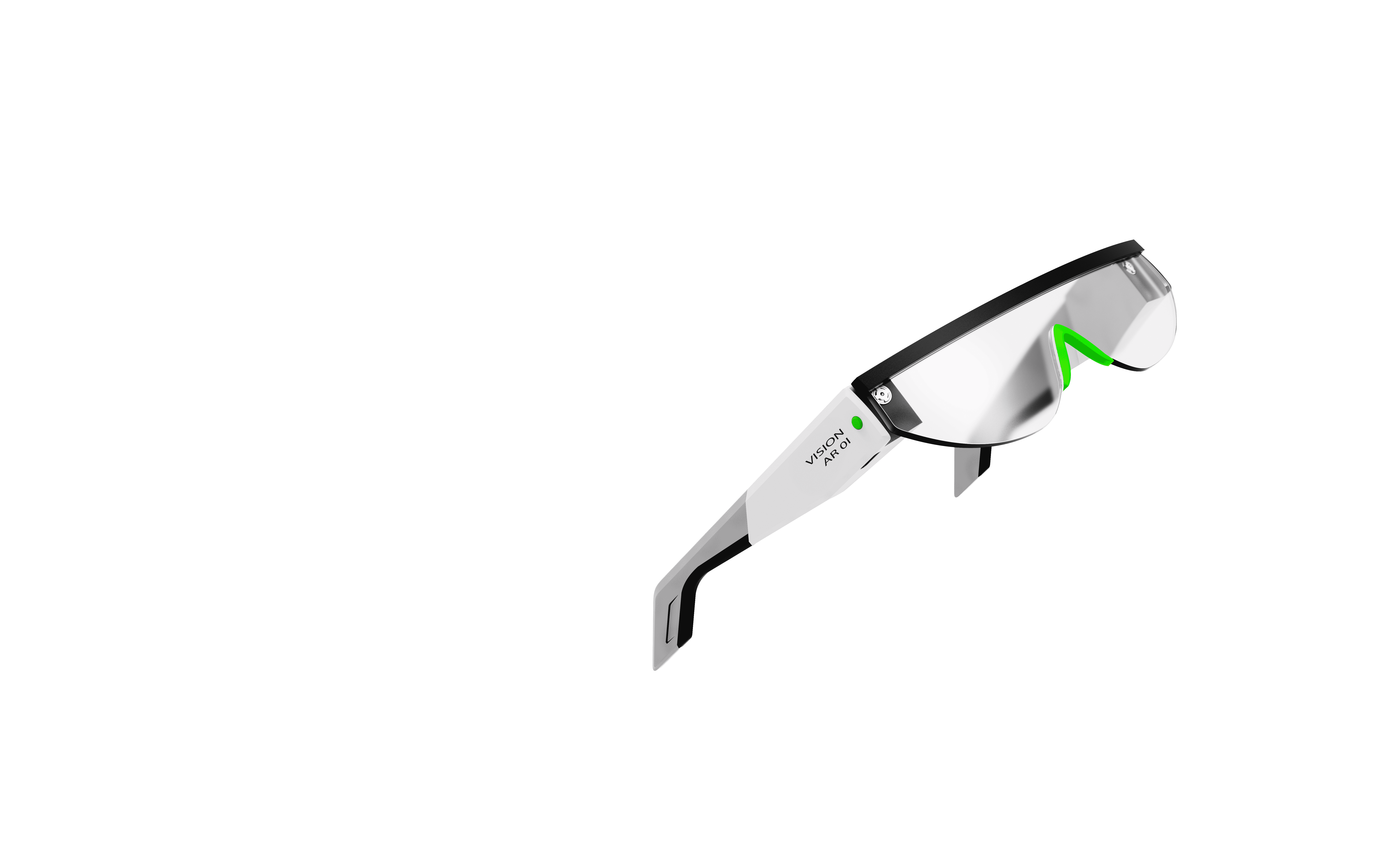 White version of the Vision 01 AR glasses in a flowing perspective on a transparent background.
