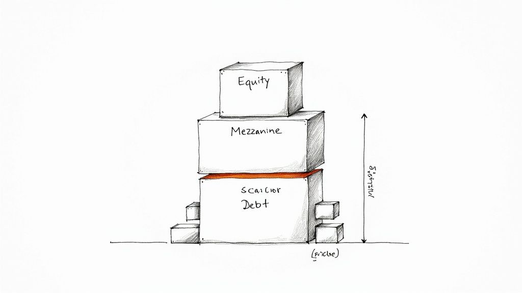 A hand-drawn diagram illustrating a capital stack with Equity, Mezzanine, and Senior Debt layers, indicating subordination.