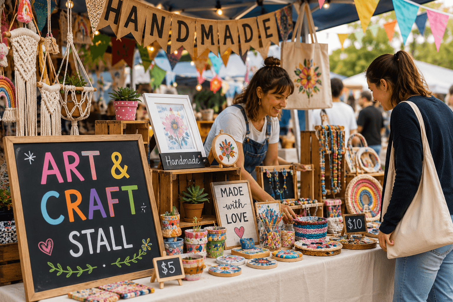Colourful art and craft fundraising stall displaying handmade crafts, artwork, jewellery and gifts at a community event.