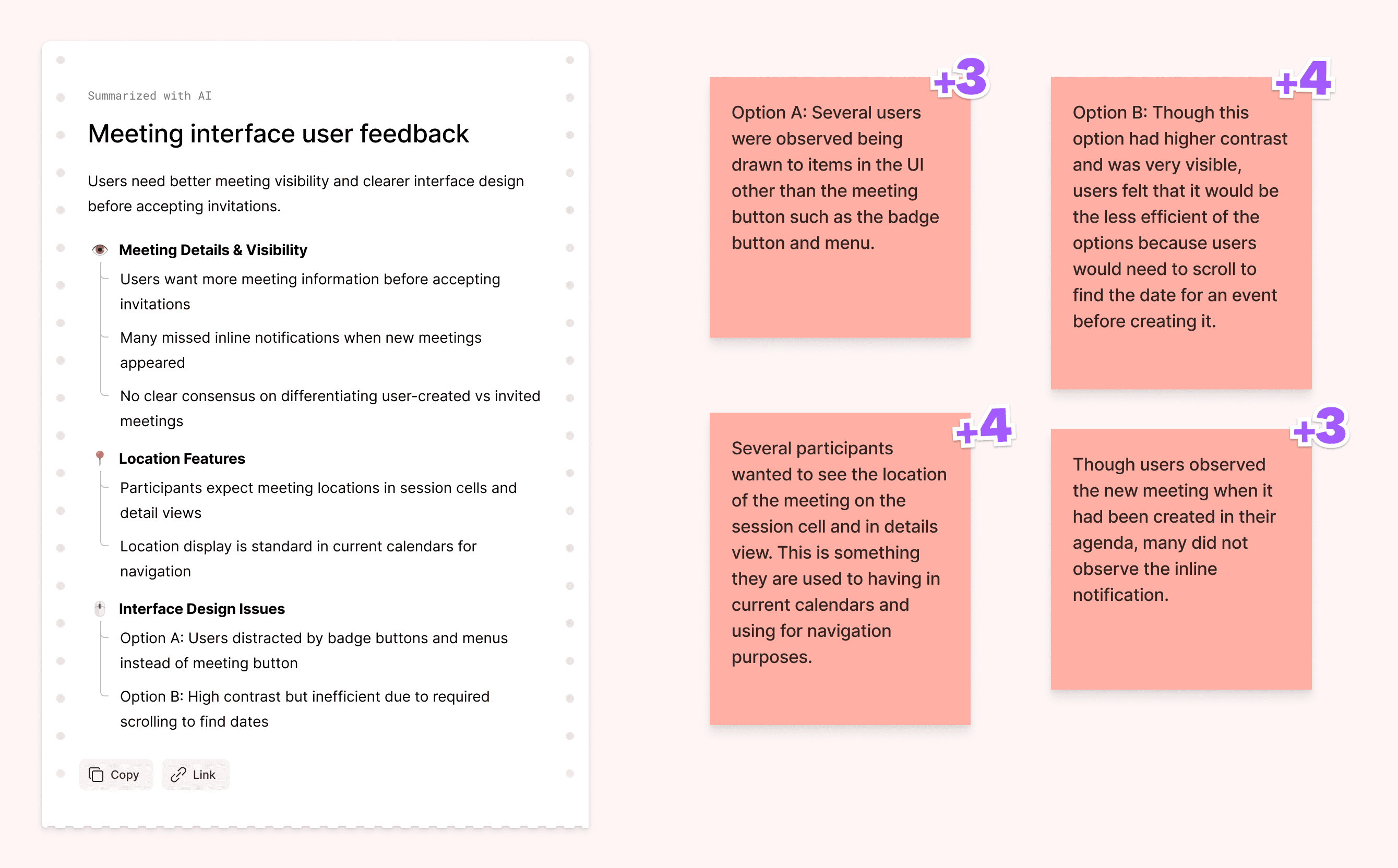 AI-clustered research themes with summarized findings and dot-voted notes for prioritization.