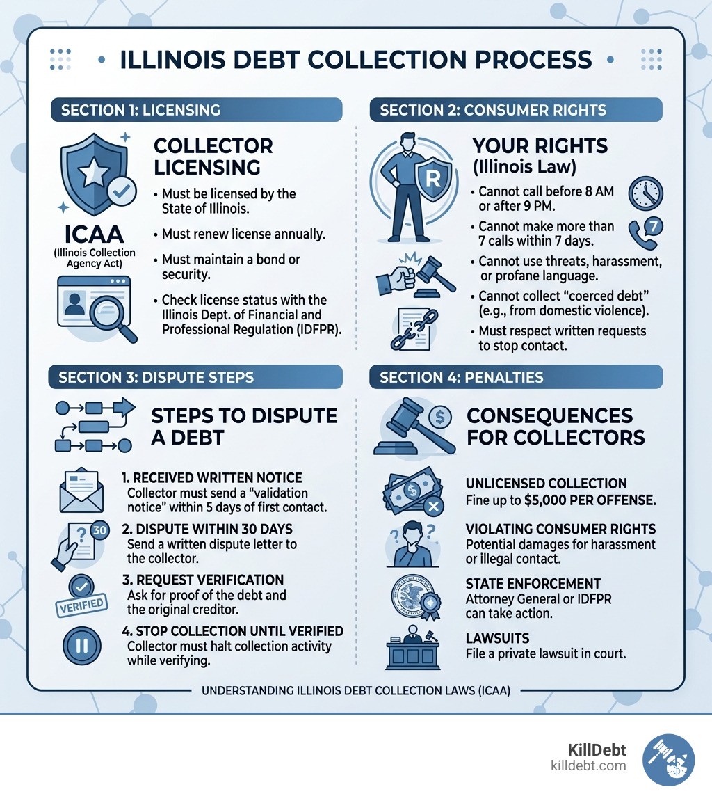 Illinois debt collection process infographic: licensing, consumer rights, dispute steps, and penalties - Illinois debt