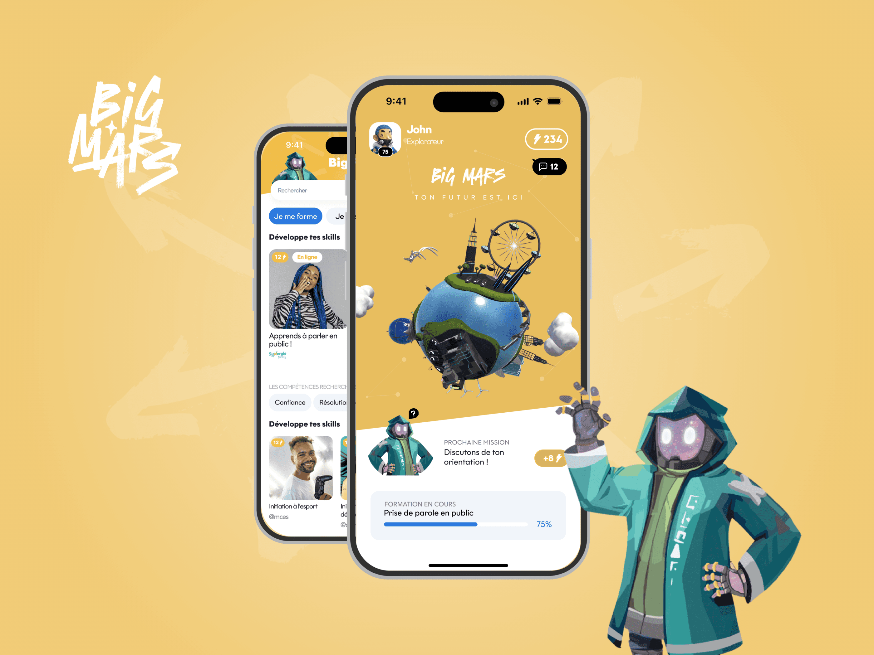 Deux smartphones affichant l’application Big Mars sur un fond jaune, l’un montrant une page de compétences à développer et l’autre un écran avec un catalogue de formations pour l’utilisateur.