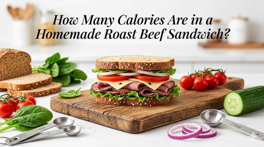 A homemade roast beef sandwich with whole wheat bread, lettuce, tomatoes, and red onions on a wooden board, featuring a calorie measurement interface and scattered vegetables.