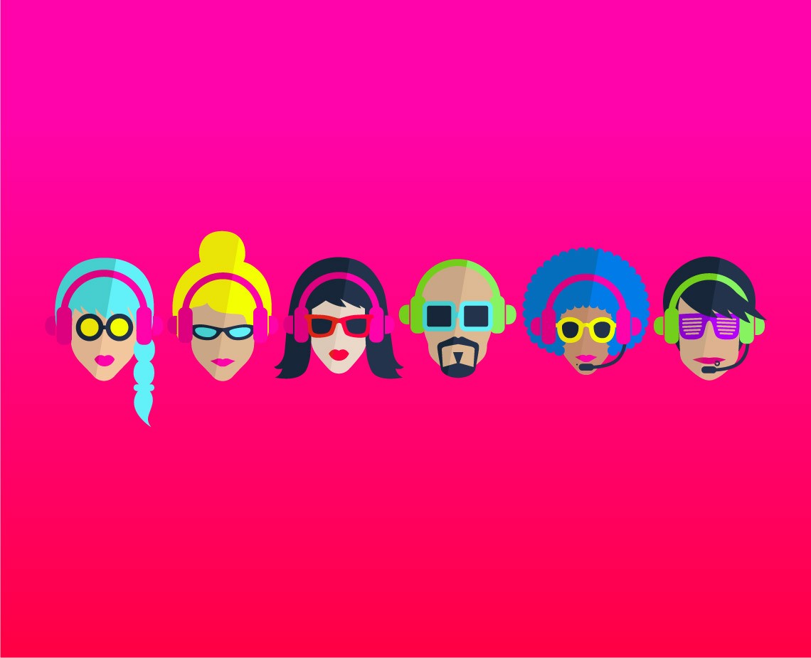Six stylized faces are arranged horizontally against a bright pink background. Each face is depicted with simplified features: round heads with headphones, colorful glasses, and distinct hairstyles. The faces are evenly spaced and face forward, facing the viewer. The headphones are primarily pink with green accents, and the glasses vary in color, including yellow, blue, and pink. The background is a solid, vibrant pink color.
