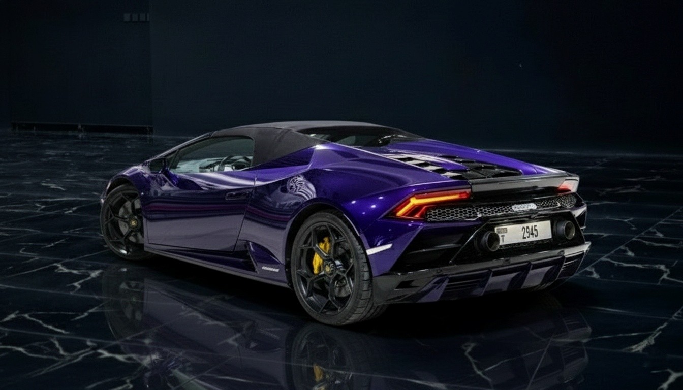 Purple Lamborghini Huracan EVO Spyder RWD available for rent in Dubai
