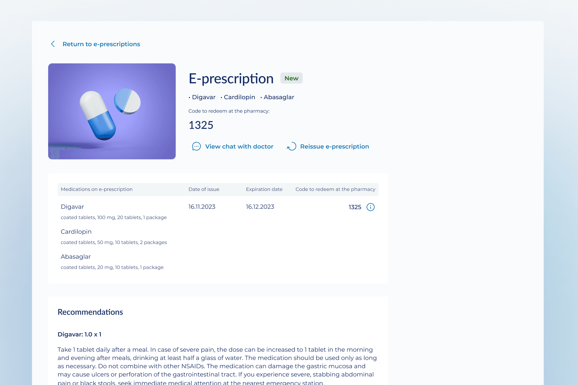 Patient Account E-prescription Screen