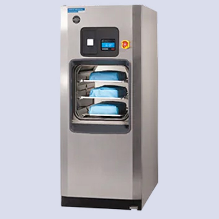 person in white gloves with blue textile on lap