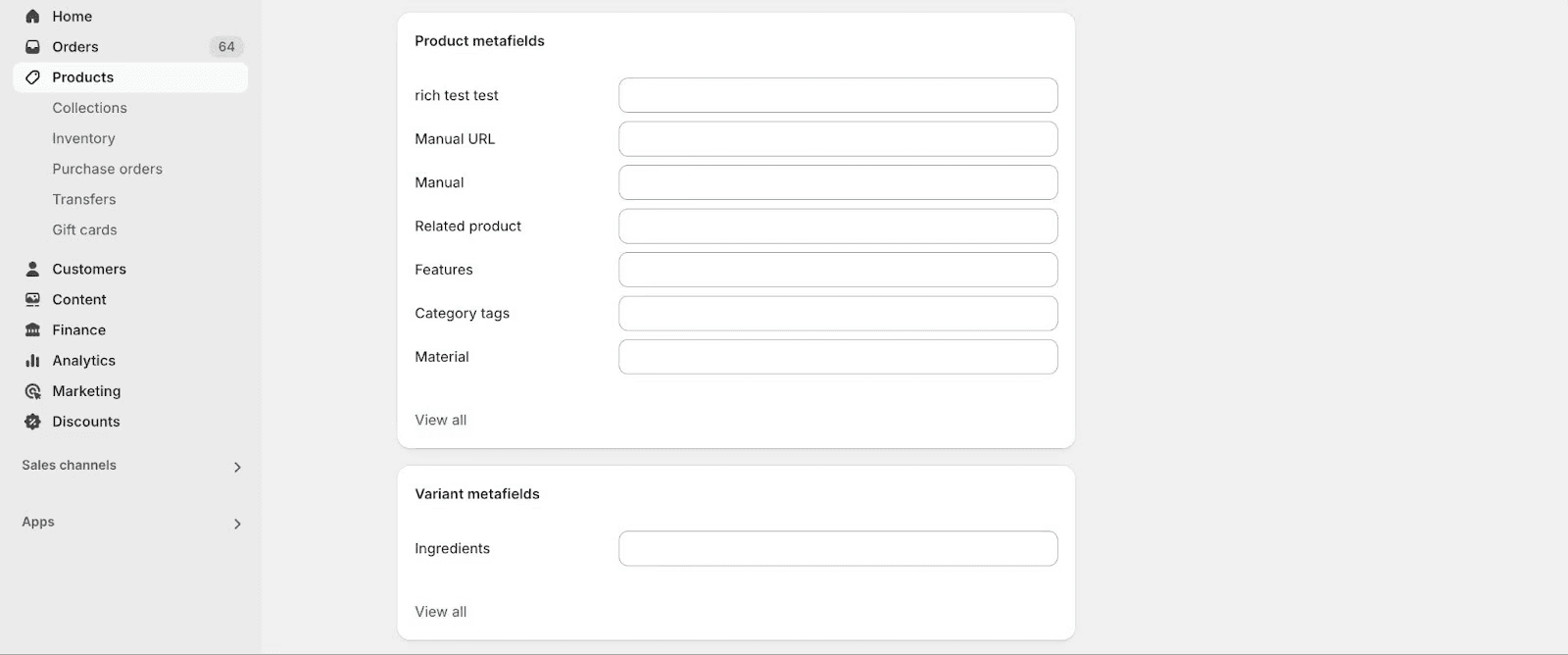 screen shot of product metafields in Shopify admin