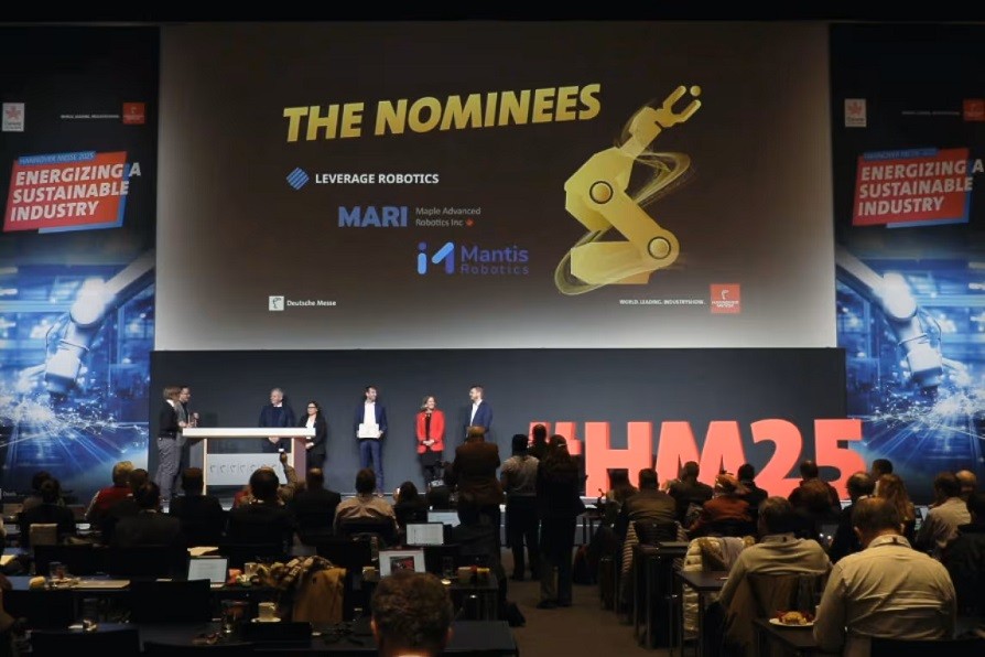 FRC 10015 Bubbles' industry sponsor, Maple Advanced Robotics Inc. (MARI), recognized as award winner for the Hannover Messe Robotics Award 2025 during the industrial robotics award ceremony.