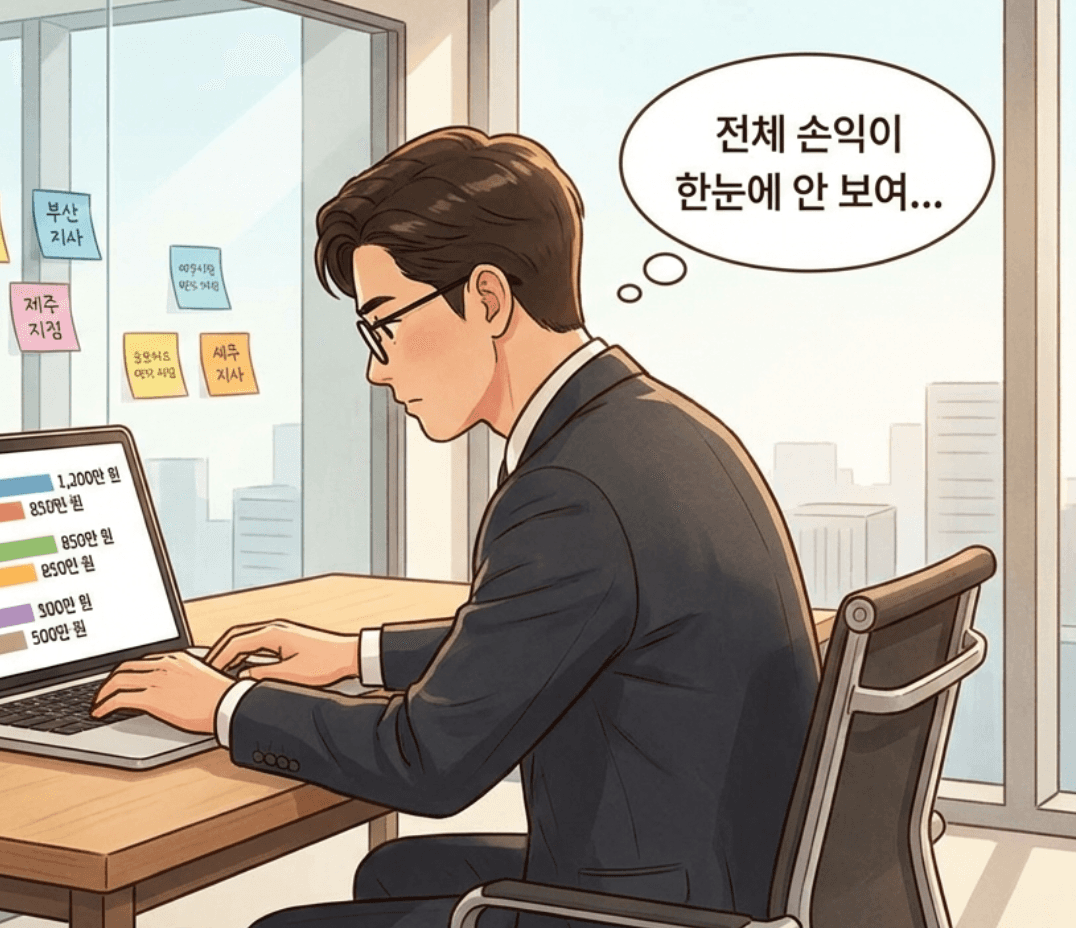 "지점이 3개인데, 전체 매출이랑 각 지점 손익을 한 화면에서 볼 수가 없어요."