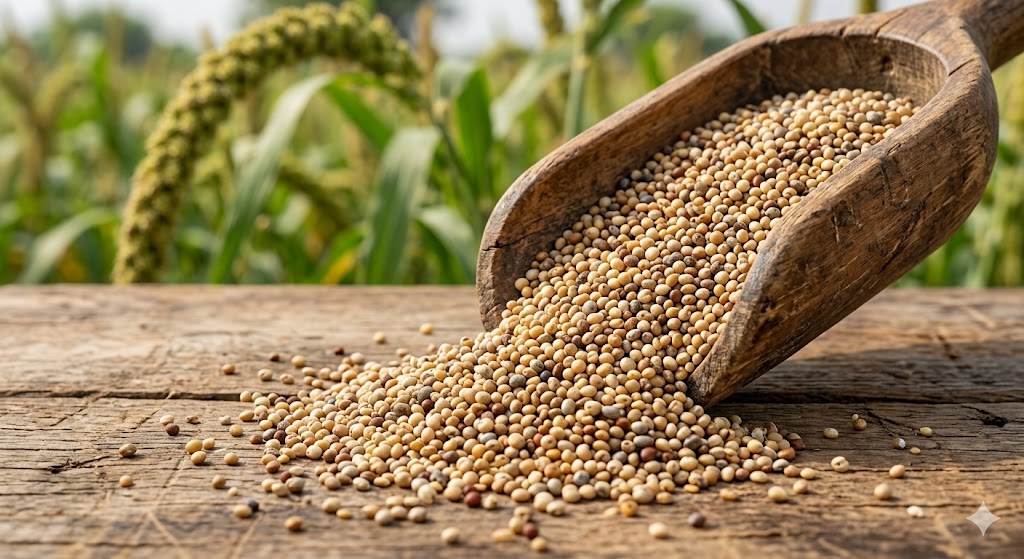 A macro close-up photograph capturing detailed, whole millet grains spilling from a rustic, weathered wooden scoop onto a raw, rough-cut wood table. The background is a beautifully blurred bokeh of green millet plants in a field under natural daylight, emphasizing the grain's texture and natural agricultural origin. Clean, documentary food photography.