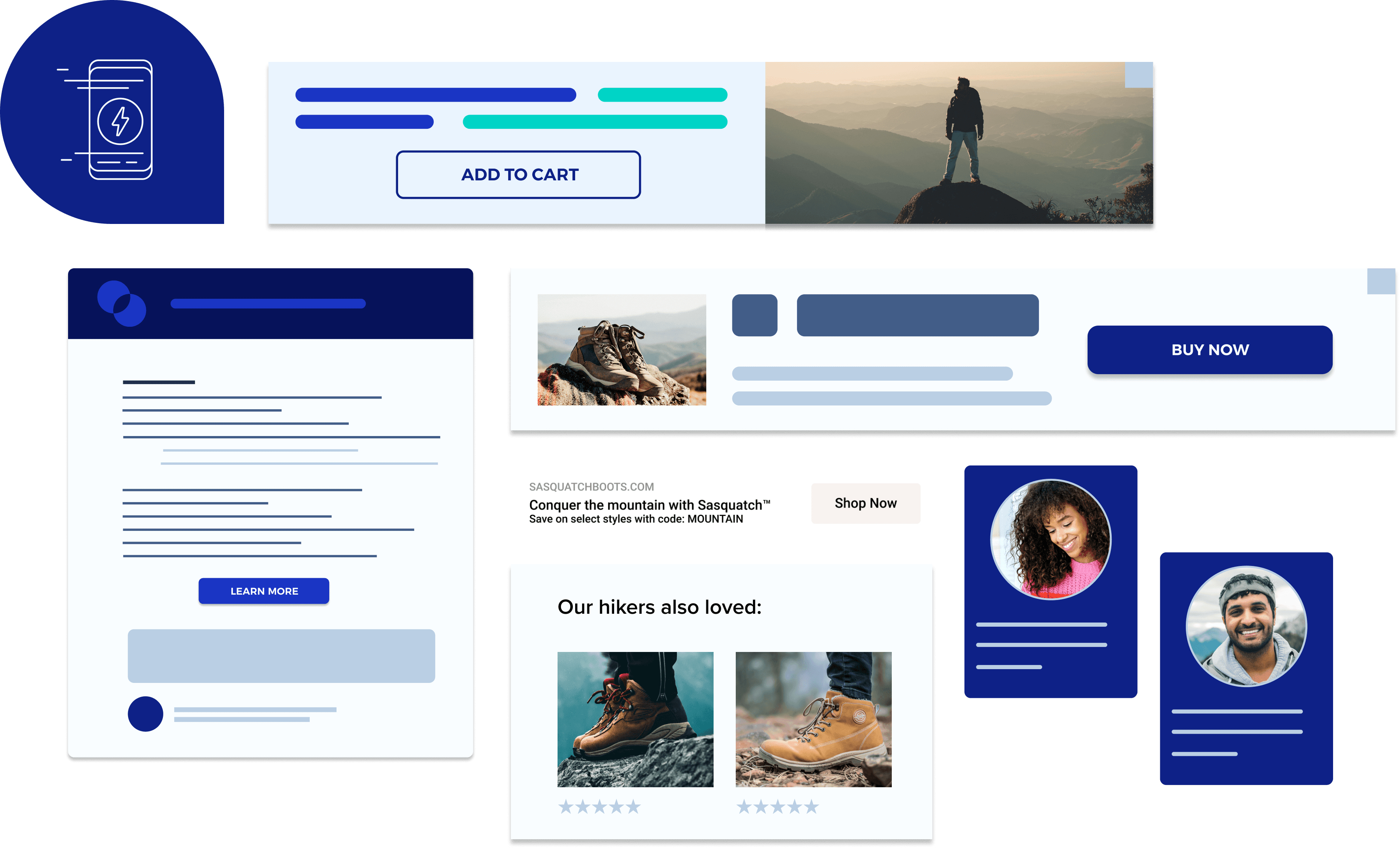 E-commerce UI elements: banners, buttons, product cards, and user profiles.