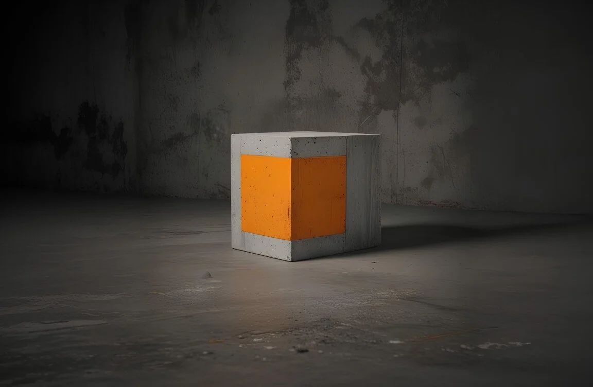 Concrete pillar with orange accent panel against a textured gray wall