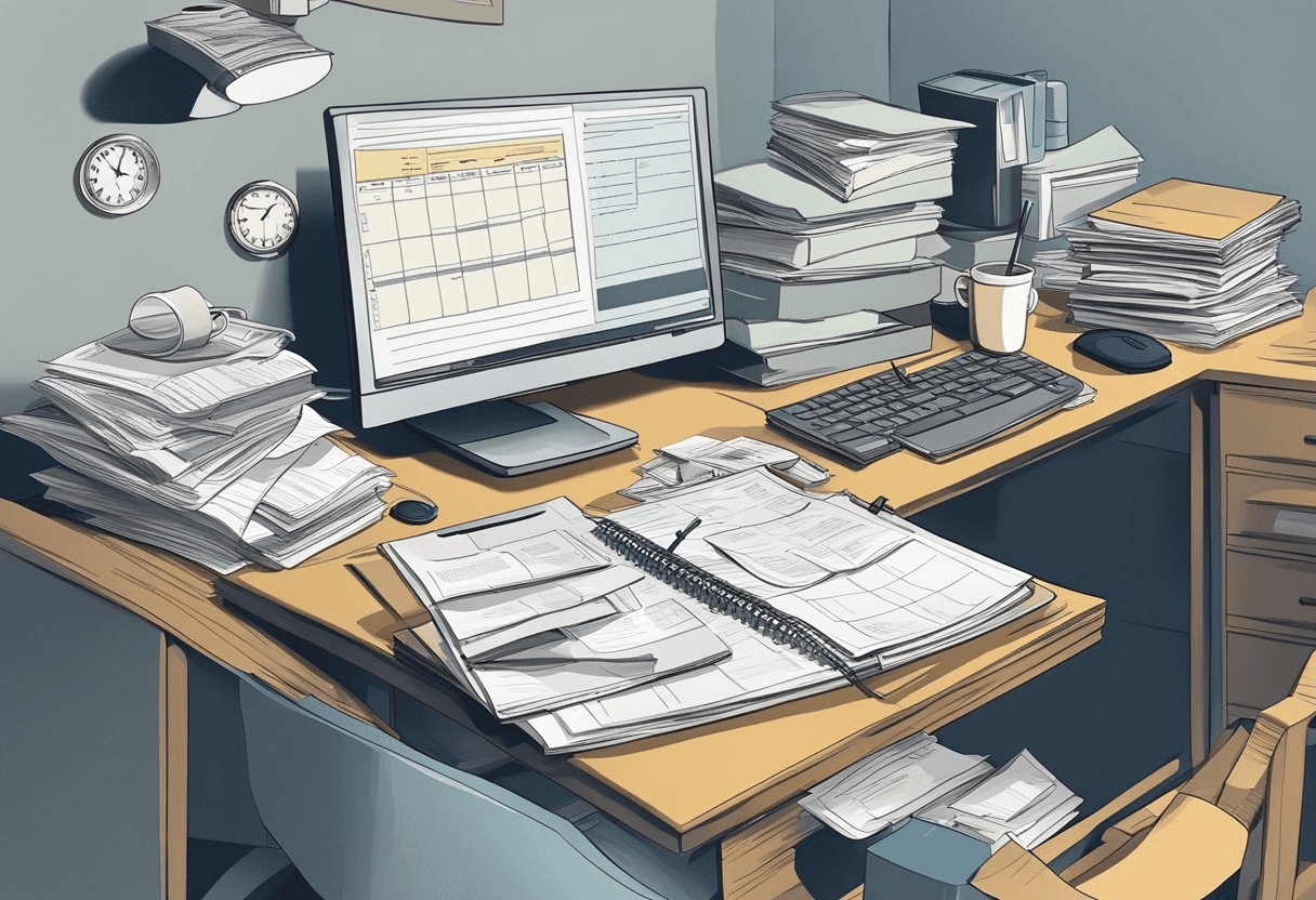 A cluttered office desk with piles of papers and a computer showing a late-night work schedule. A tired, empty coffee cup and a clock showing midnight