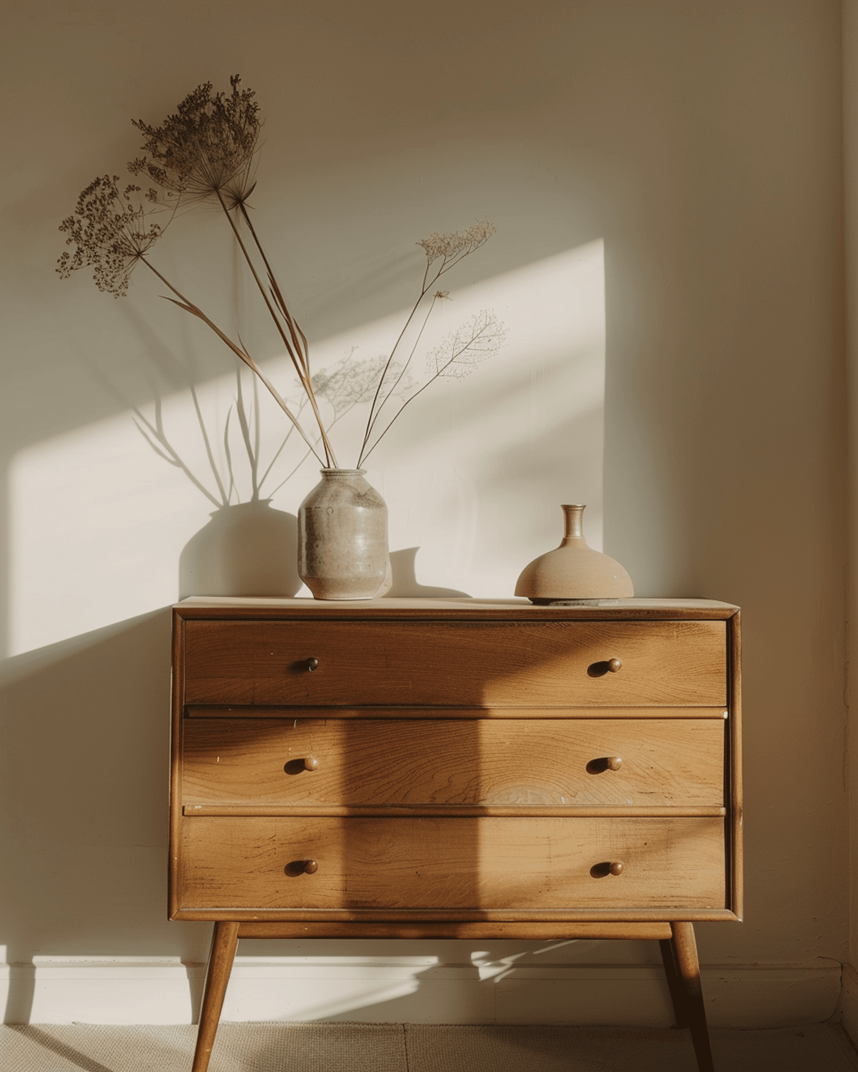 photo d'une commode en bois avec de la décoration posée dessus