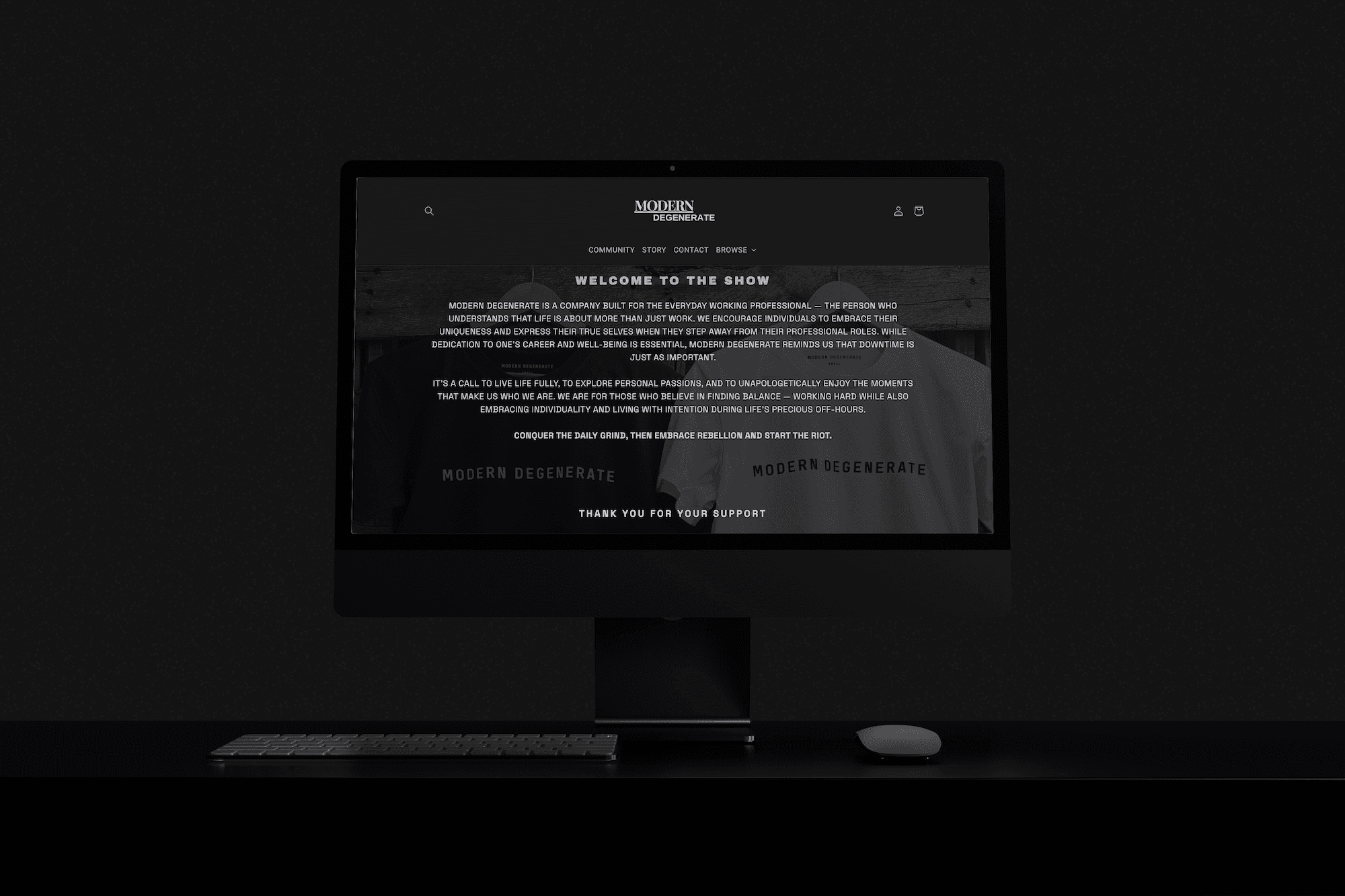 a dark room with a large monitor showcasing a website