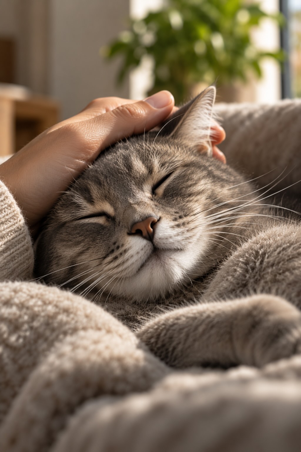 Hand stroking a sleeping grey cat curled up on a wool blanket