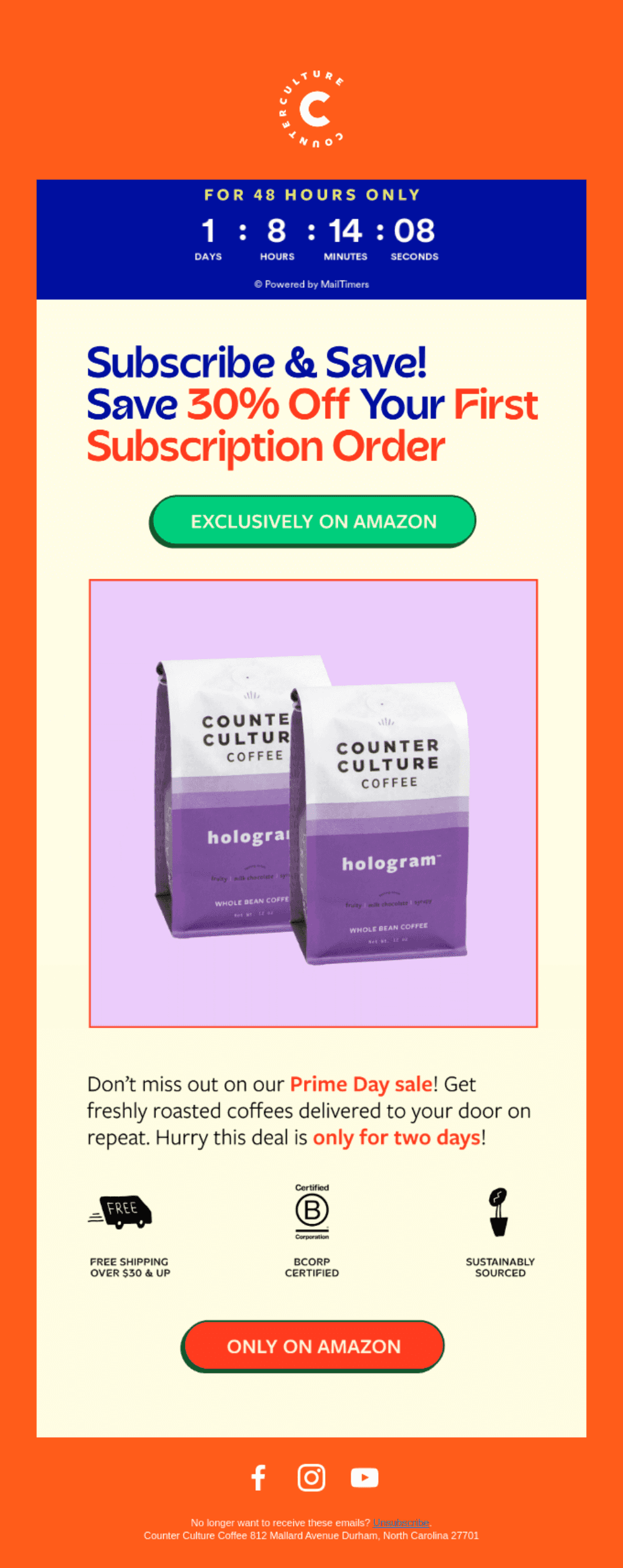 Counter Culture Coffee Countdown Email: "Counter Culture Coffee email featuring a countdown timer for a 48-hour subscription discount, encouraging users to save 30% off their first order."