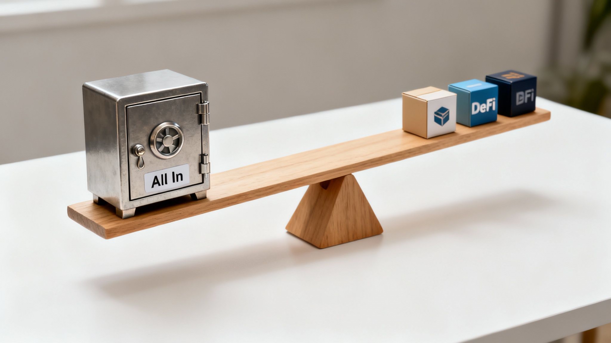 A 'All In' safe on a seesaw, outweighing three cubes labeled DeFi and BFI, symbolizing investment risk.