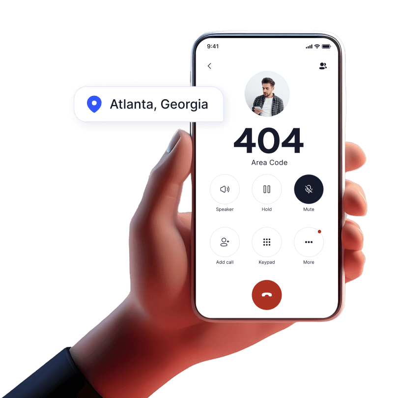 Hand holding mobile device with incoming call from 404 area code using LinkedPhone 2nd phone number mobile app