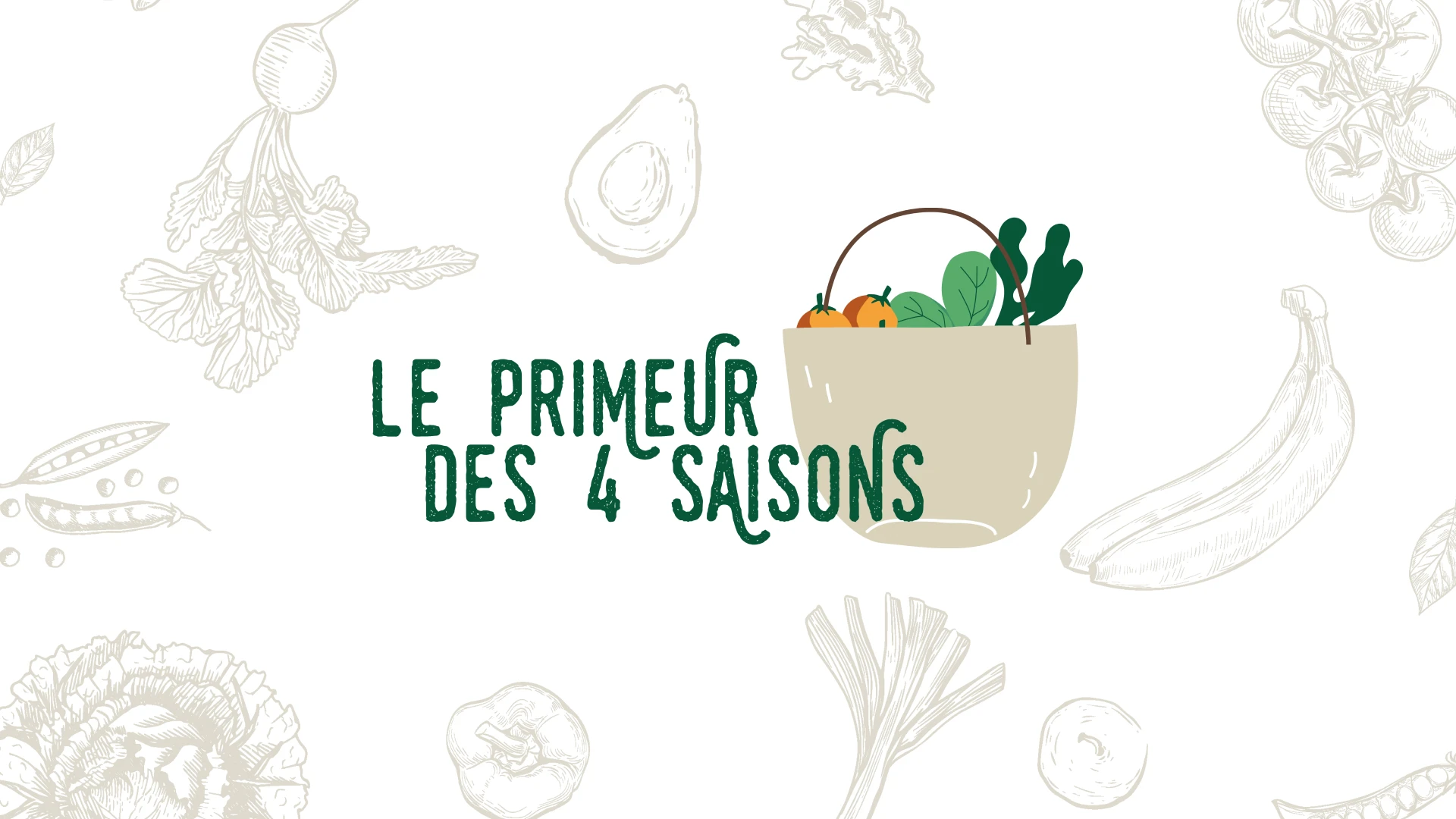 Logo Le Primeur des 4 Saisons avec panier de légumes illustré sur fond blanc et pattern végétal — direction créative exploration pour marché de fruits et légumes bio en Occitanie, Tartelette Concept