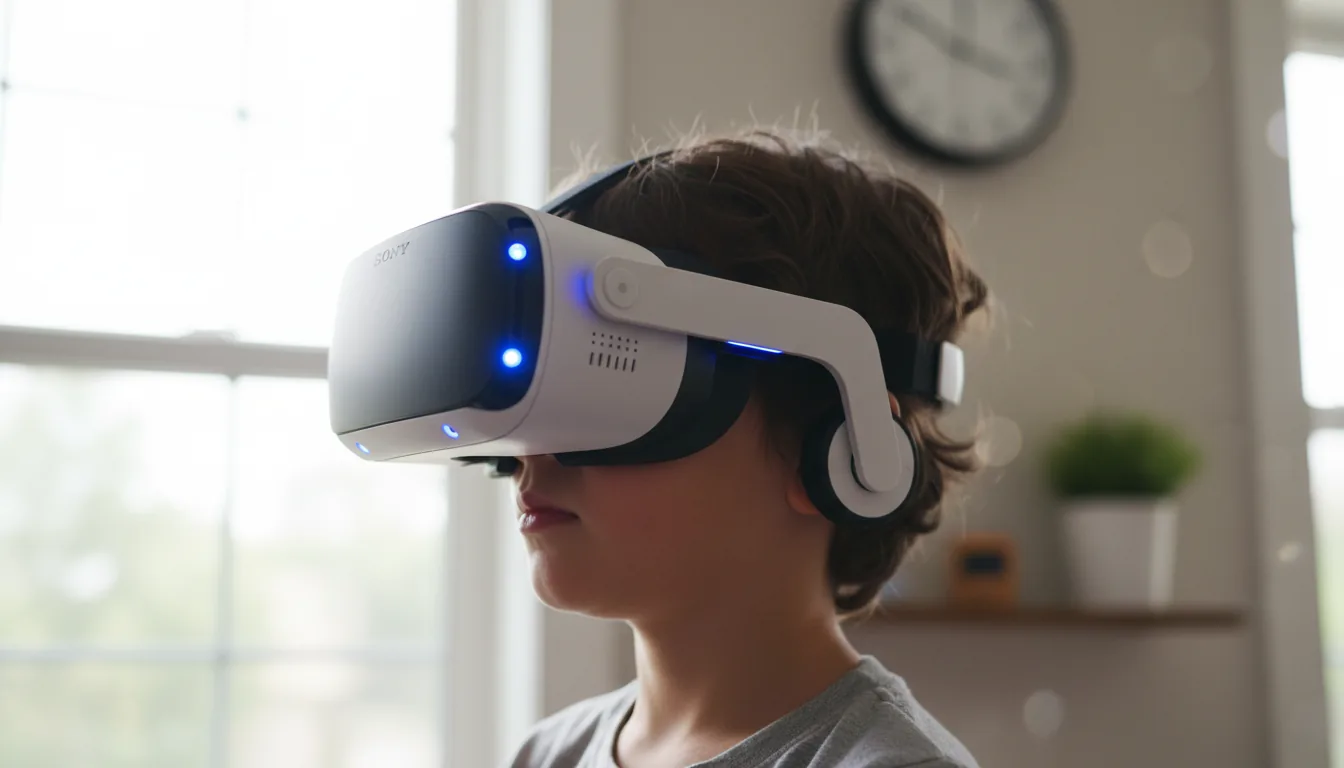 DSLR photograph, medium close-up of a young boy in profile wearing a Sony PlayStation VR headset with its blue LED lights glowing. The scene is captured with a shallow depth of field, with sharp focus on the boy and headset. The lighting is bright, natural daylight from a window, creating a soft bokeh effect in the background where a wall clock and a small plant are visible.
