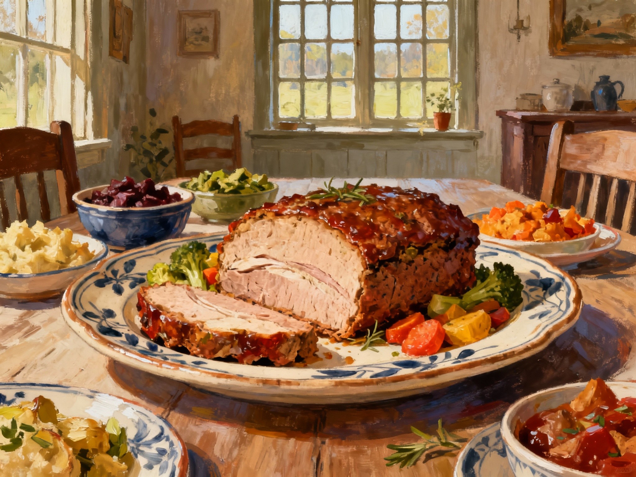 An expansive fine-art illustration of a cozy farmhouse dining room at midday, centered on a