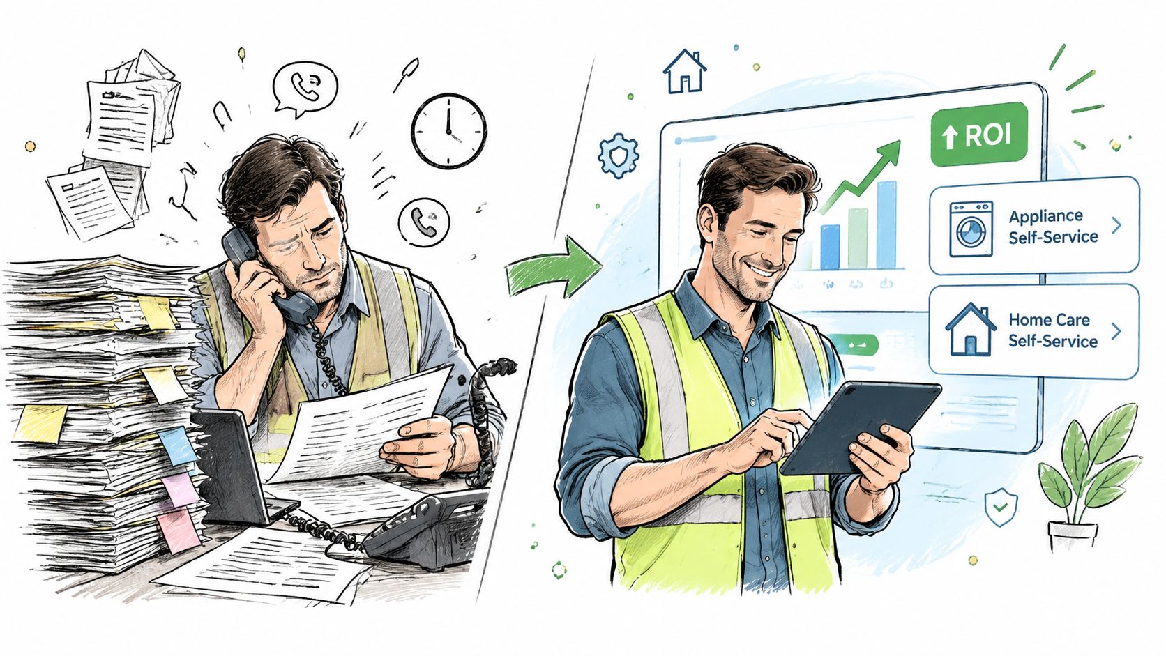 A split image showing a busy contractor transitioning from paperwork to efficient digital tablet management solutions.
