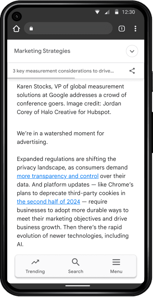 Mobile screen display of the Think with Google home page