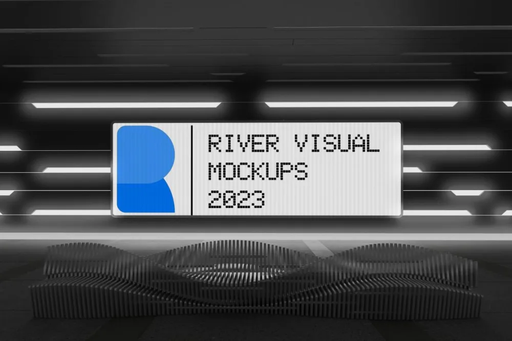 Horizontal LED display mockup with a white background, blue graphic element on the left, and pixelated text. Positioned in a futuristic dark environment with linear light patterns and wavy black structures below.