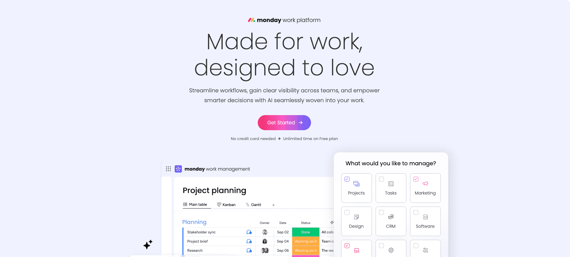 Monday.com's website homepage that shows their main interface