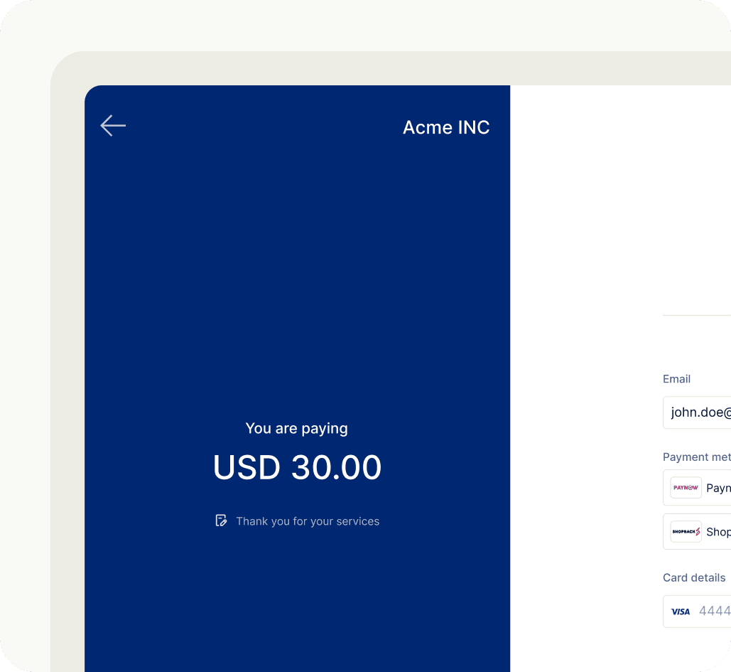 Paying USD 30.00 to Acme INC,  email is john.doe@,  Payment methods: PayNow & ShopBacks