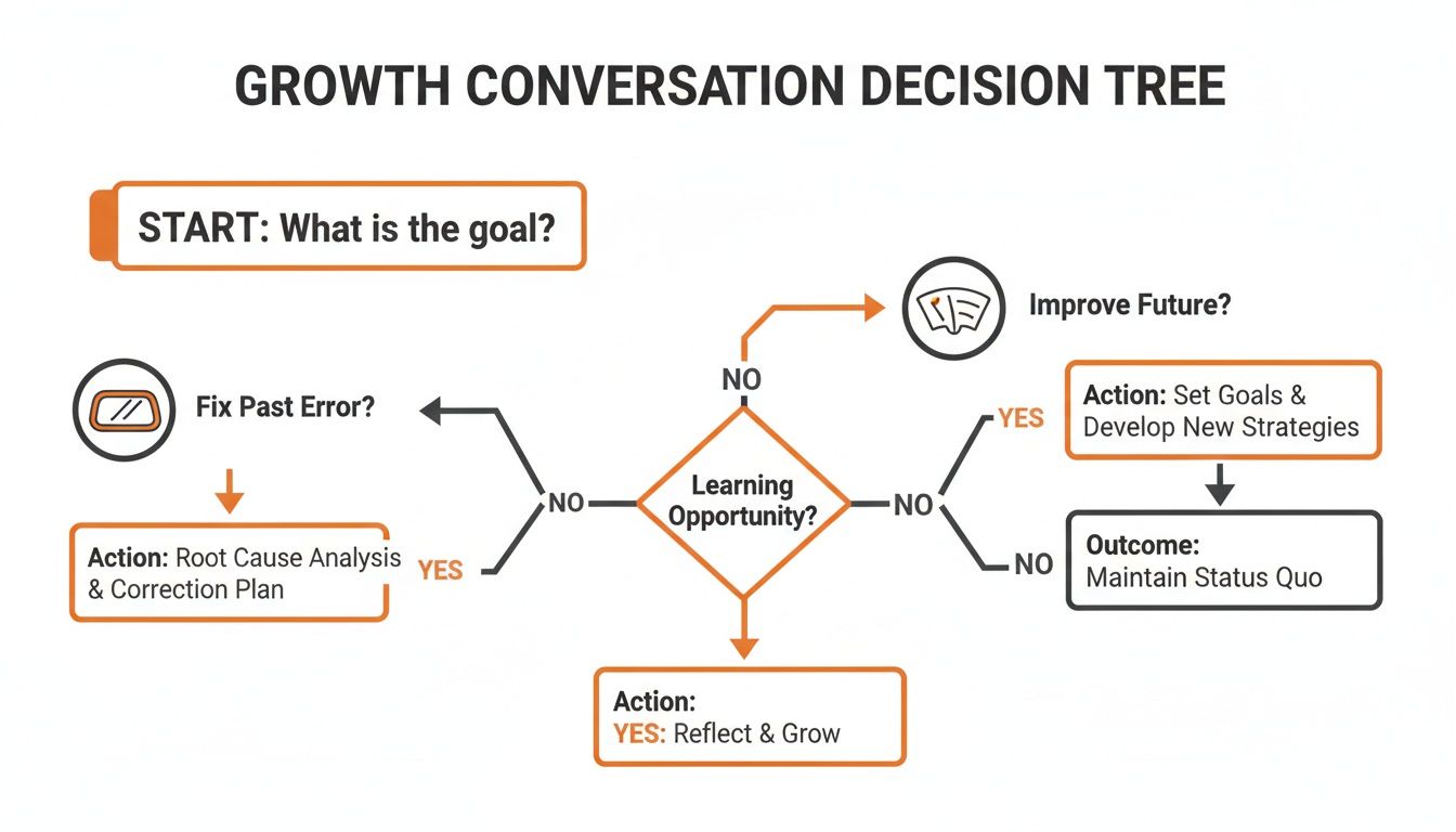 A flowchart diagramming a growth conversation decision tree for addressing goals, errors, learning, and future improvement.