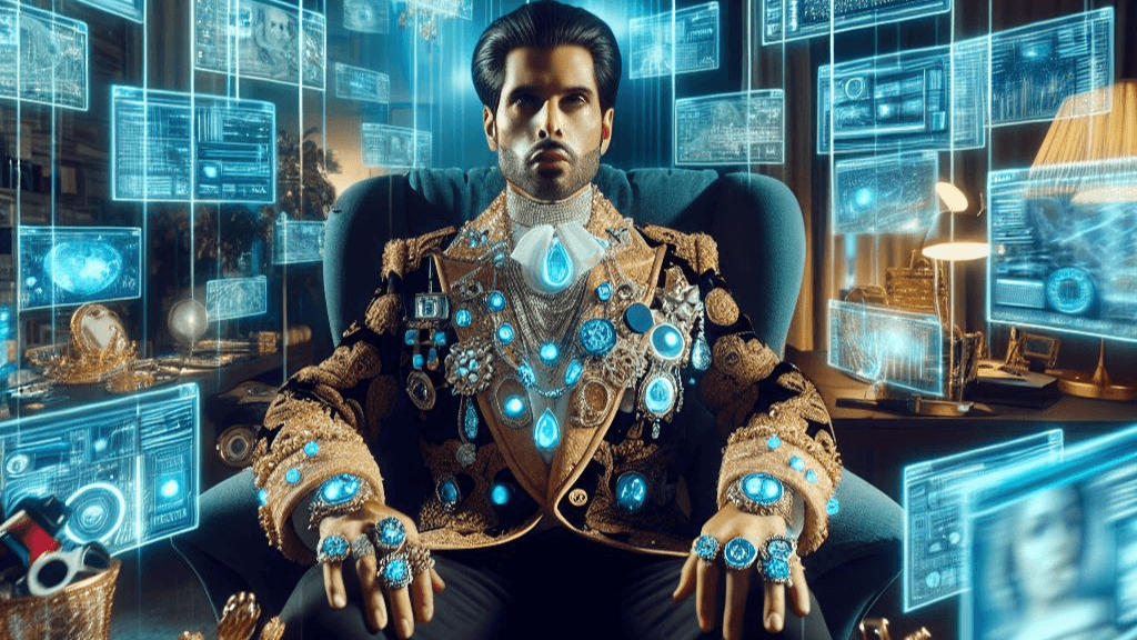 AI-generated image of wealthy man seated among virtual screens